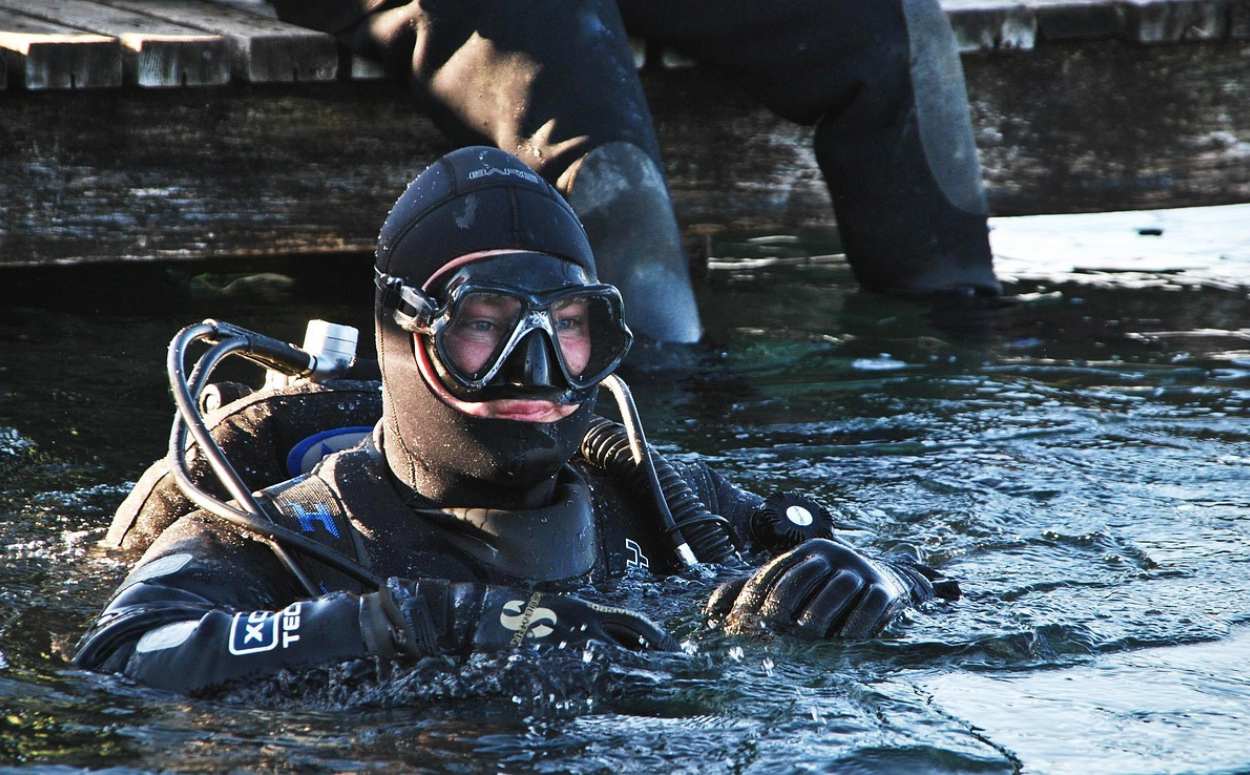 Scuba diver on the surface in a drysuit
