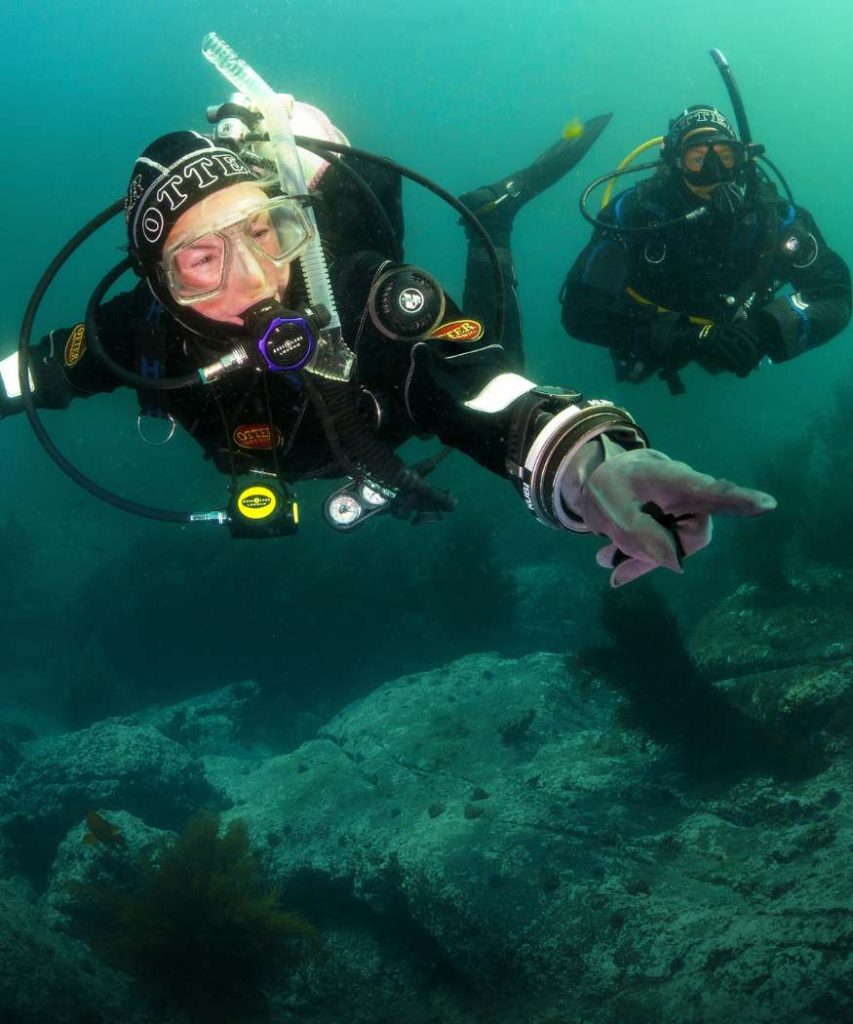 Scuba divers in drysuits